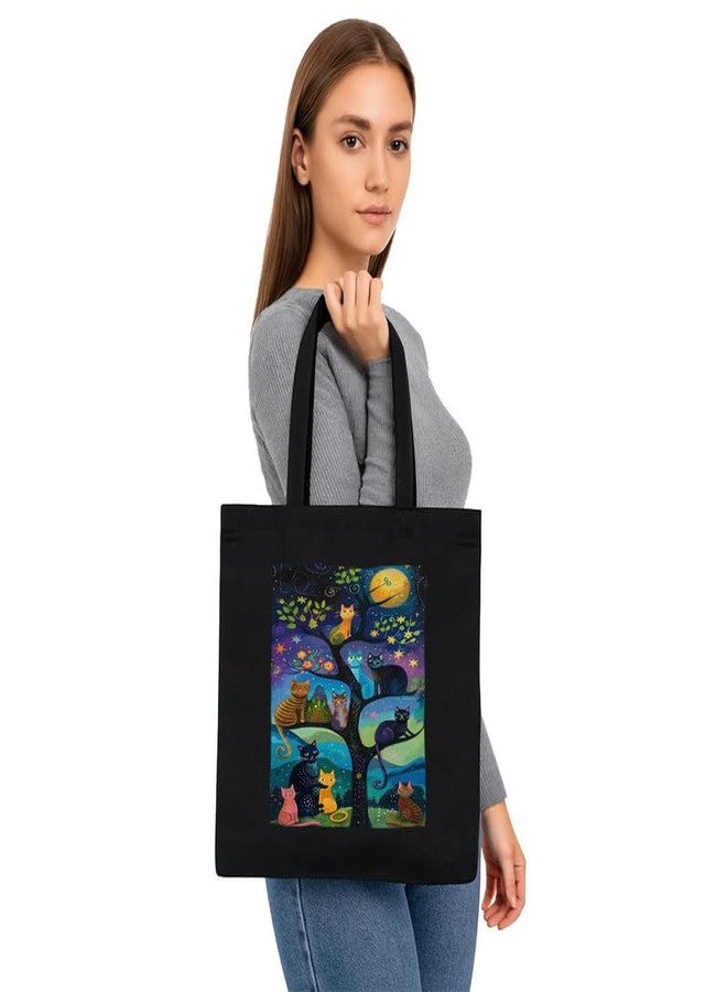 PrintingZone حقيبة تسوق سوداء من PrintingZone مزودة بجيب، حقائب قماشية مطبوعة بتصميمات مميزة للنساء، سعة كبيرة | حقيبة تسوق | للجامعة | للسفر | المزيد من حقائب اليد القماشية للجنسين (BTB284) - Image 3